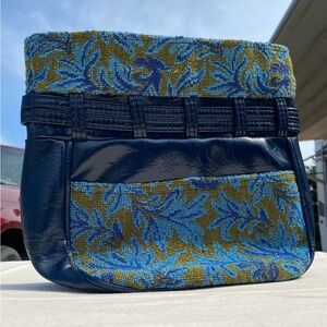 Funky Terry Cloth and Leather Blue and Green Patterned Clutch Vintage 60s 70s